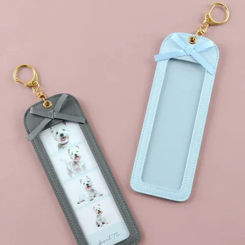 PU Leather Photo Keychain Long 4-Grid DIY Pet Pictures Holder Card Folder With Bow Knot Charm Modern Key Ring For Women Lovers