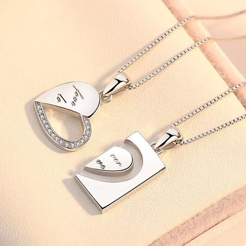 Simple Creative Copper Rhinestone Interlocking Heart Envelope Matching Pendant Necklace Set For Couples Korean Style Box Chain Silver Color Lover Jewelry Gift