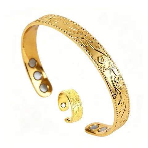 Vintage Floral Embossed Zinc Alloy Magnetic Bracelet And Ring Set Retro Adjustable Open Cuff Bangle Jewelry For Women Men