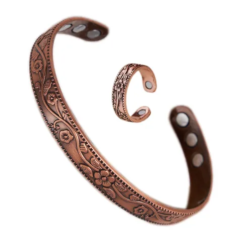 Vintage Zinc Alloy Plum Blossom Magnetic Bracelet and Flower Ring Adjustable Antique Bronze Jewelry for Women Health Care