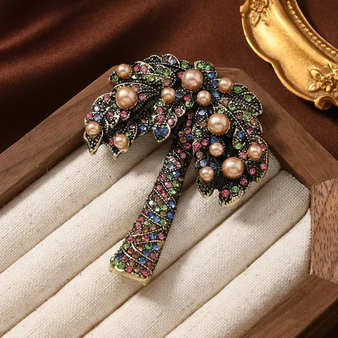 Broche Cocotier en Perle Artificielle Champagne Vintage Haut de Gamme en Alliage de Zinc Strass Plante Tropicale Broche pour Manteau