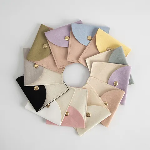 Elegant Fabric Microfiber Velvet Jewelry Pouch Color Block Curved Envelope Earring Ring Necklace Gift Storage Packaging Bag With Snap Button
