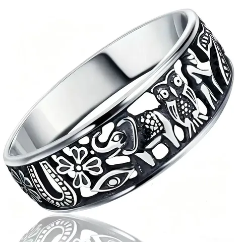 Vintage Alloy Carved Band Ring For Women Thai Silver Distressed Finish Wide Relief Owl Elephant Horseshoe Pattern Ring Jewelry Gift