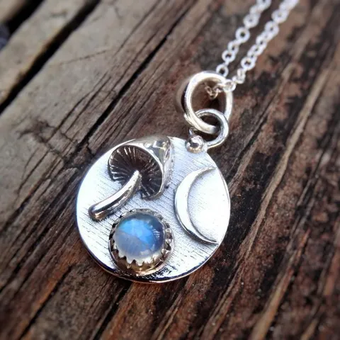 Fashion Alloy Synthetic Moonstone Mushroom Moon Pendant Necklace Electroplated Silver Color Sweet Daily Jewelry For Women Gift