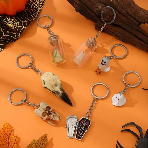 Halloween Luminous Ghost Drift Bottle Keychain Gothic Crow Bone Skull Tooth Pendant Night Light Keyring For Party Decor Gift