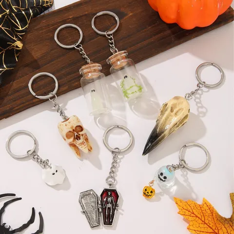 Halloween Luminous Ghost Drift Bottle Keychain Gothic Crow Bone Skull Tooth Pendant Night Light Keyring For Party Decor Gift