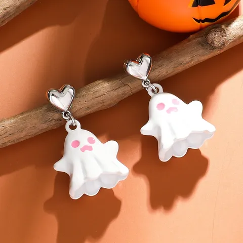 Halloween Süße 3D Weiße Schwarze Gespenst Legierung Hängeohrringe Für Damen Skurrile Herz Tropfen Ohrringe Schmuck Party Geschenk