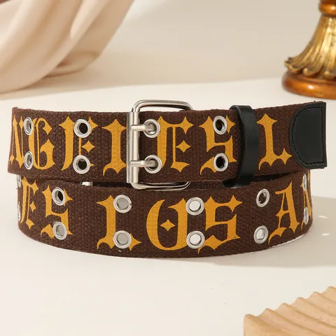 Gothic Letter Canvas Belt American Streetwear Vintage Distressed Double Row Eyelet Pin Buckle Belt Punk Rock Decorative Waistband For Men Women