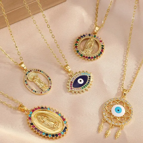 Copper Zirconia Virgin Mary Pendant Necklace Elegant Gold Plated Evil Eye Hamsa Hand Choker For Women Luxury Religious Jewelry Gift