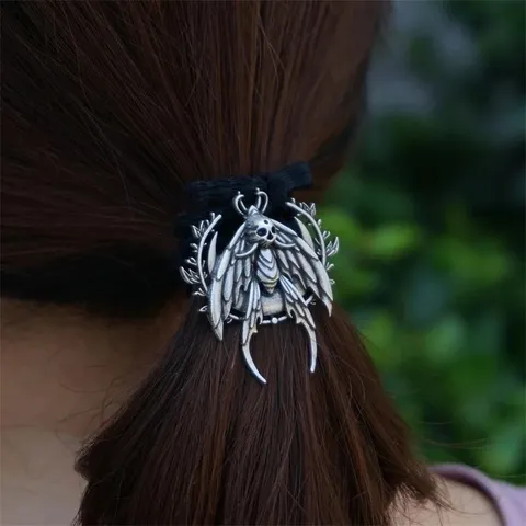 Élastique à Cheveux Gothique en Alliage Crâne Papillon de Nuit Vintage Électroplaqué Fixation Queue de Cheval pour Femmes Bijoux Halloween