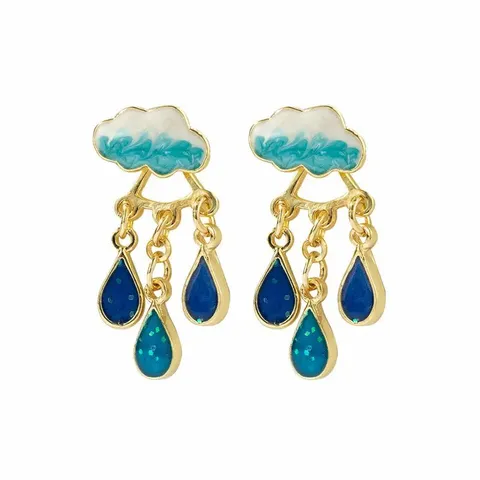 Cute Alloy Enamel Rain Cloud Tassel Earrings For Women Girls Sweet Rhinestone Raindrop Dangle Earrings Jewelry Gift Creative