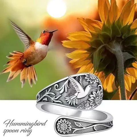 Vintage Alloy Hummingbird Sunflower Spoon Open Ring For Women Antique Silver Carved Adjusting Statement Cocktail Ring Halloween Gift Jewelry