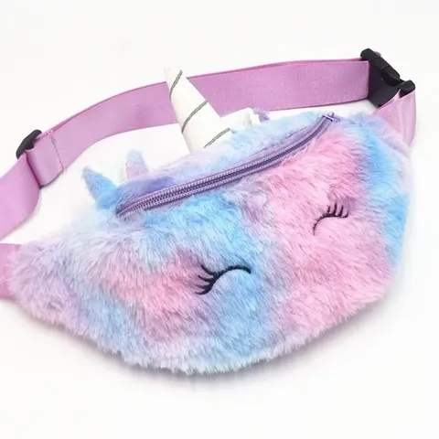 Cute Cartoon Unicorn Plush Waist Bag Girls Soft Fluffy Crossbody Chest Bag Kids Fashion Casual Shoulder Bag