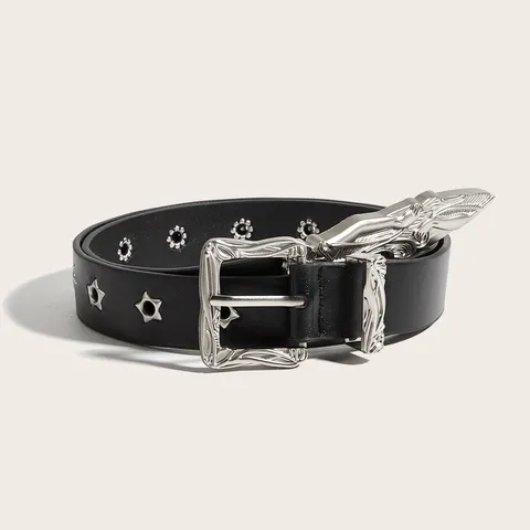 Cintura in Pelle PU con Borchie a Stella Punk Per Uomo Donna Vintage Hip Hop Fibbia ad Ardiglione Cinturino per Jeans Inciso Floreale