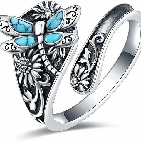 Vintage Bohemian Alloy Ring For Women Antique Silver Plated Dragonfly Sunflower Imitation Turquoise Wrap Open Adjustable Ring Retro Jewelry