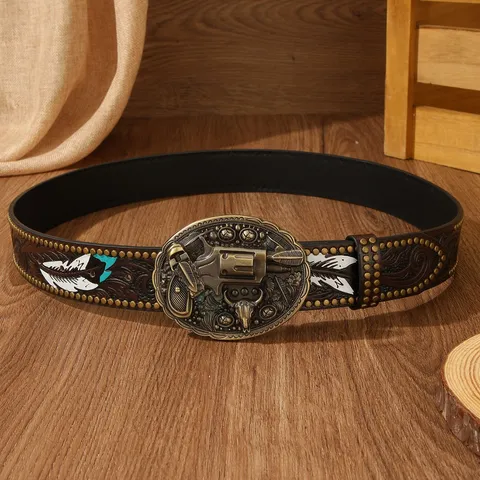 Western Style Leather Belt Retro Revolver Buckle Bull Head Feather Embossed Cowboy Waist Belt For Men Women Outfit