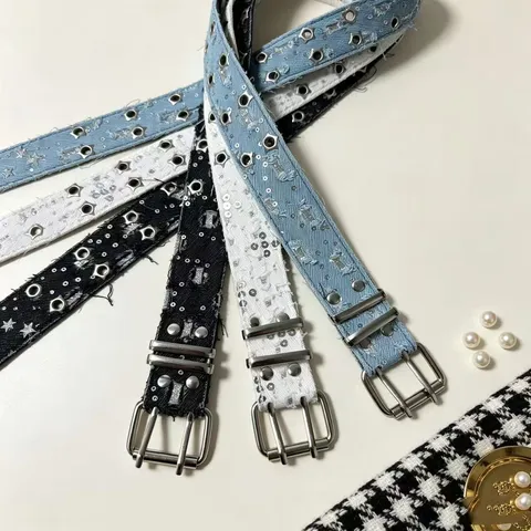 Punk Y2K Star Double Row Grommet Belt For Women Men Denim PU Leather Waistband Fashion Decorative Jean Belt With Star Eyelets