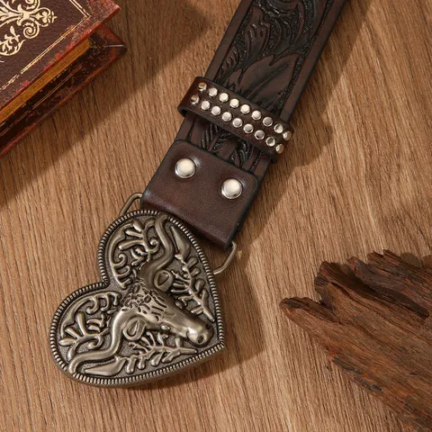 Vintage Western Cowboy Leather Belt For Men Women Carved Feather Pattern Alloy Bull Head Heart Buckle Rivet Casual Waist Strap