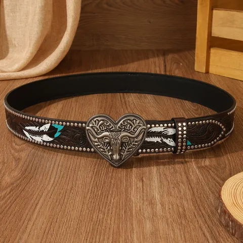 Vintage Western Cowboy Leather Belt For Men Women Carved Feather Pattern Alloy Bull Head Heart Buckle Rivet Casual Waist Strap