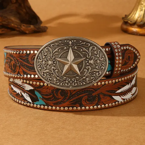 American Western Retro Leather Belt Embossed Carving Feather Pattern Alloy Star Buckle Rivet Studded Cowboy Belt For Men Women