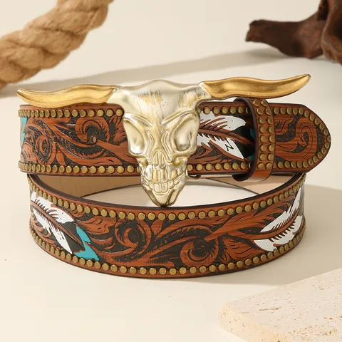 American Western Retro Leather Belt Carved Feather Bull Head Buckle Cowboy Vintage Belt For Men Women