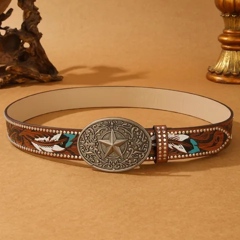 American Western Retro Leather Belt Embossed Carving Feather Pattern Alloy Star Buckle Rivet Studded Cowboy Belt For Men Women