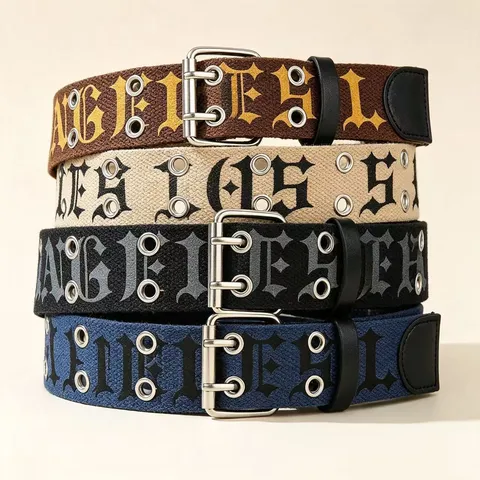 Gothic Letter Canvas Belt American Streetwear Vintage Distressed Double Row Eyelet Pin Buckle Belt Punk Rock Decorative Waistband For Men Women