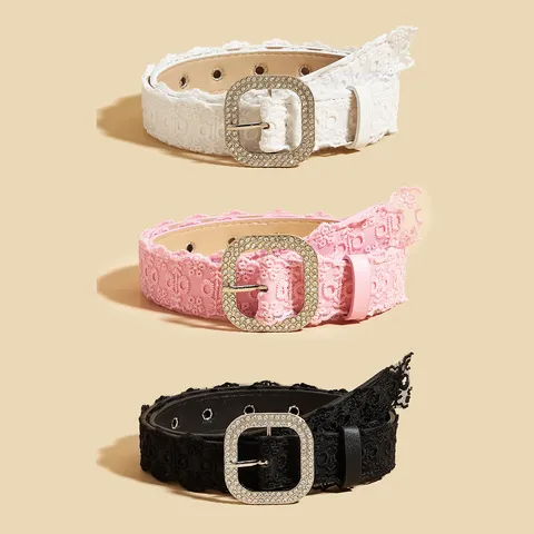 Women Sweet Lace Faux Leather Belt Rhinestone Square Pin Buckle Hollow Decorative Dress Waistband Accessories For Dress