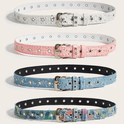 Ceinture pour Femme Vintage Américain Patchwork en Jean Paillettes Brillantes Ceinture Décorative Avec Oeillets d'Étoile Boucle à Ardillon en Métal Y2K Street Décontracté