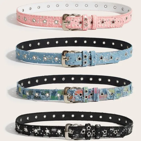 Ceinture pour Femme Vintage Américain Patchwork en Jean Paillettes Brillantes Ceinture Décorative Avec Oeillets d'Étoile Boucle à Ardillon en Métal Y2K Street Décontracté