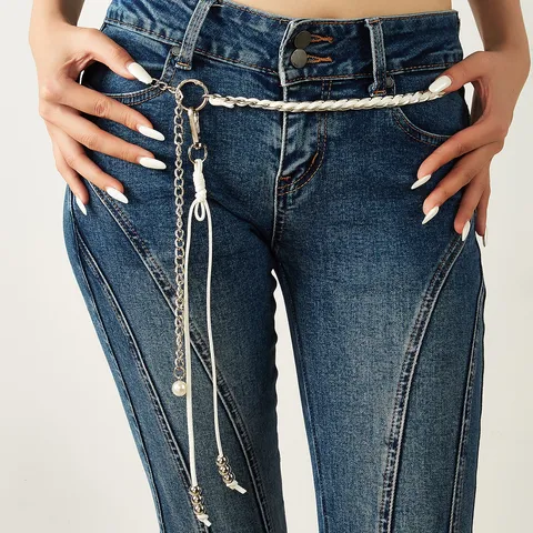 Fashion Metal Waist Chain Belt For Women Thin PU Leather Woven Chain With Artificial Pearl Pendants Elegant Dress Suit Accessory