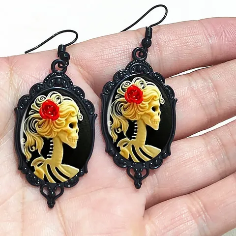 Gothic Halloween Bat Skeleton Rose Dangle Earrings For Women Vintage Black Oval Alloy Earrings Punk Dark Style Jewelry Gift