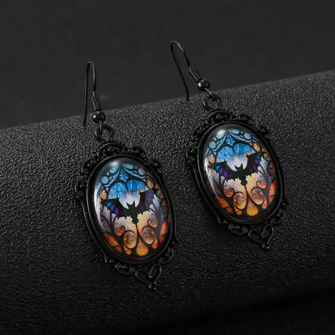Gothic Halloween Bat Skeleton Rose Dangle Earrings For Women Vintage Black Oval Alloy Earrings Punk Dark Style Jewelry Gift