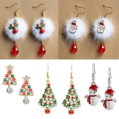 Christmas Santa Claus Snowman Reindeer Earrings Alloy Rhinestone Artificial Fur Drop Earrings Festive Xmas Jewelry Gift For Women
