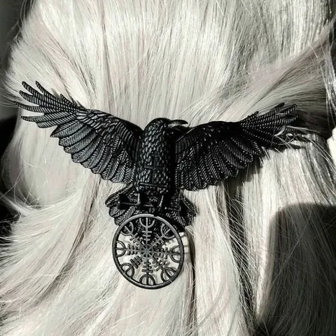Vintage Viking Crow Hair Clip Gothic Black Raven Hairpin With Norse Compass Pendant Retro Mythology Totem Alloy Hair Jewelry For Women