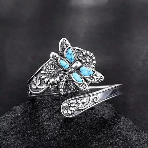 Vintage Bohemian Alloy Ring For Women Antique Silver Plated Dragonfly Sunflower Imitation Turquoise Wrap Open Adjustable Ring Retro Jewelry