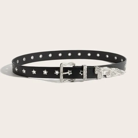 Cintura in Pelle PU con Borchie a Stella Punk Per Uomo Donna Vintage Hip Hop Fibbia ad Ardiglione Cinturino per Jeans Inciso Floreale