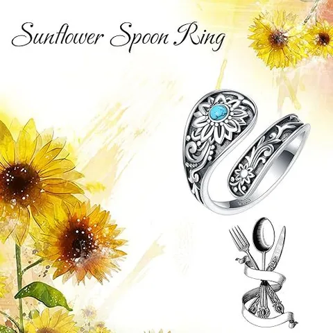 Bohemian Vintage Sunflower Turquoise Open Ring For Women Retro Floral Alloy Adjustable Spoon Ring Jewelry Accessories Gift