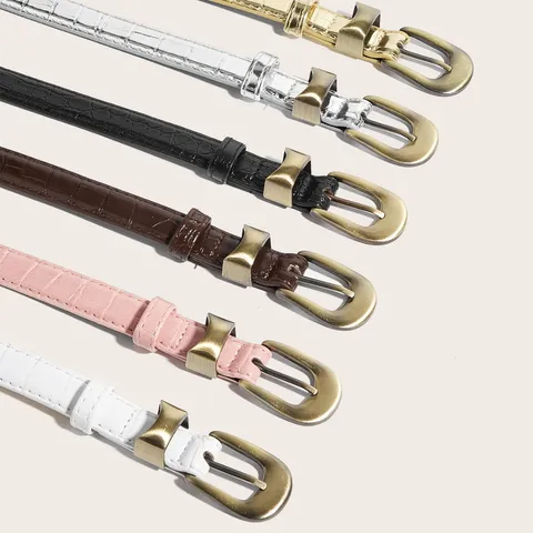 Women Crocodile Pattern PU Leather Belt Vintage Thin Waistband With Alloy Pin Buckle Decorative Belt For Jeans Pants Dress