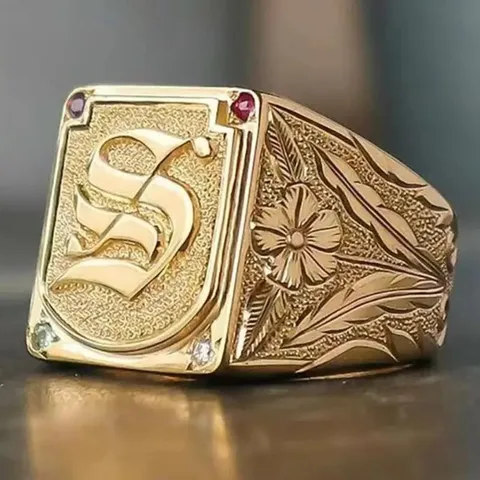 Vintage Luxurious Alloy Rhinestone Signet Ring For Men Gold Plated Gothic Initial S Letter Square Finger Ring Engraved Flower Band Ring Hip Hop Jewelry