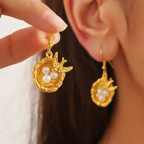 Ethnic Style Swallow Bird Nest Artificial Pearl Earrings Forest Series Retro Alloy Drop Hook Earrings For Women Jewelry Gift