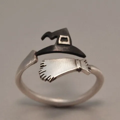 Anello Aperto a Forma di Cappello da Strega e Scopa di Halloween Regolabile in Lega Gotico Punk Gioielli per Donna Festa