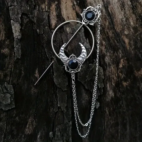 Vintage Viking Crescent Moon Hair Stick Antique Silver Bronze Metal Witch Wand Hairpin With Chain Rhinestone Hair Accessories For Women
