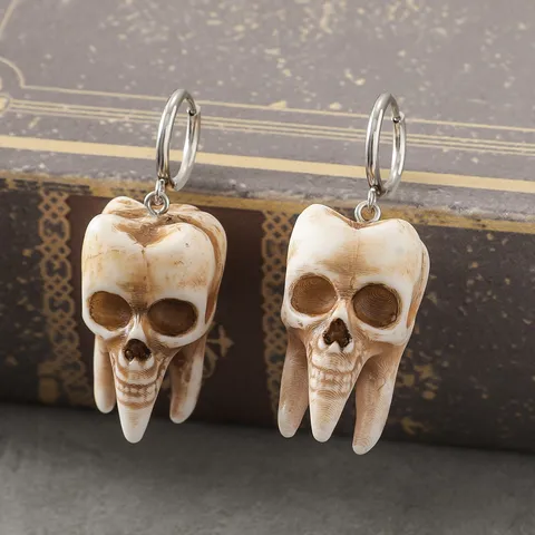 Gothic Skull Teeth Earrings Punk Horror Halloween Jewelry Resin Skull Pendant Necklace For Women Men Dark Style Accessories