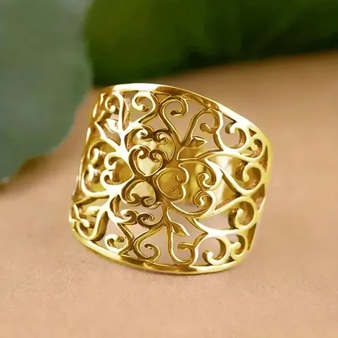 Retro Bohemian Hollow Pattern Wide Ring Unisex Copper Electroplated Casual Finger Ring Vintage Jewelry Gift Men Women
