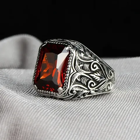 Vintage Antique Silver Color Alloy Ring Red Rhinestone Inlaid Square Signet Ring For Men Women Retro Engraved Finger Jewelry