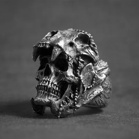 Vintage Punk Skull Ring For Men Gothic Beast Skull Alloy Ring Biker Style Finger Jewelry Gift Silver Color Retro Design