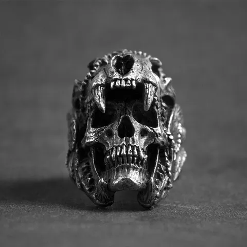 Vintage Punk Skull Ring For Men Gothic Beast Skull Alloy Ring Biker Style Finger Jewelry Gift Silver Color Retro Design