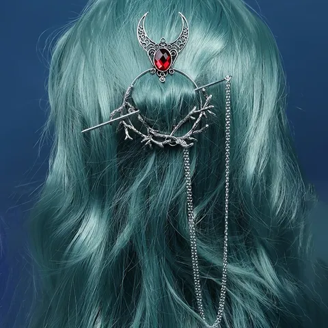 Viking Witch Hair Stick Retro Gothic Crescent Moon Branch Inlaid Rhinestone Tassel Chain Hairpin Elegant Hair Accessories