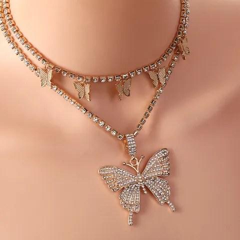Trendy Alloy Rhinestone Butterfly Pendant Necklace For Women Double Layered Claw Chain Punk Western Style Gold Silver Jewelry Accessory